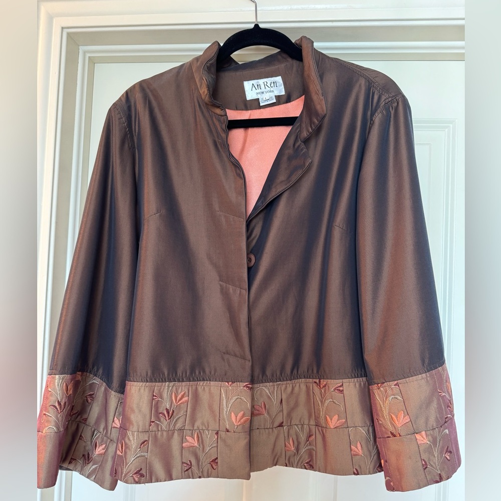 An Ren New York brown jacket with peach silk lining and floral trim size Large